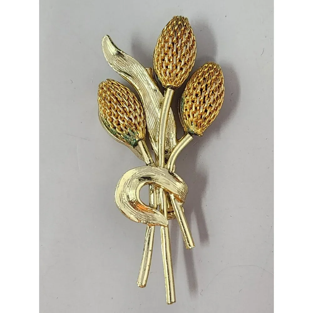 Vintage Gold-Tone Floral & Fan Brooch With Rhinestone Detailing Art‎ Nouveau